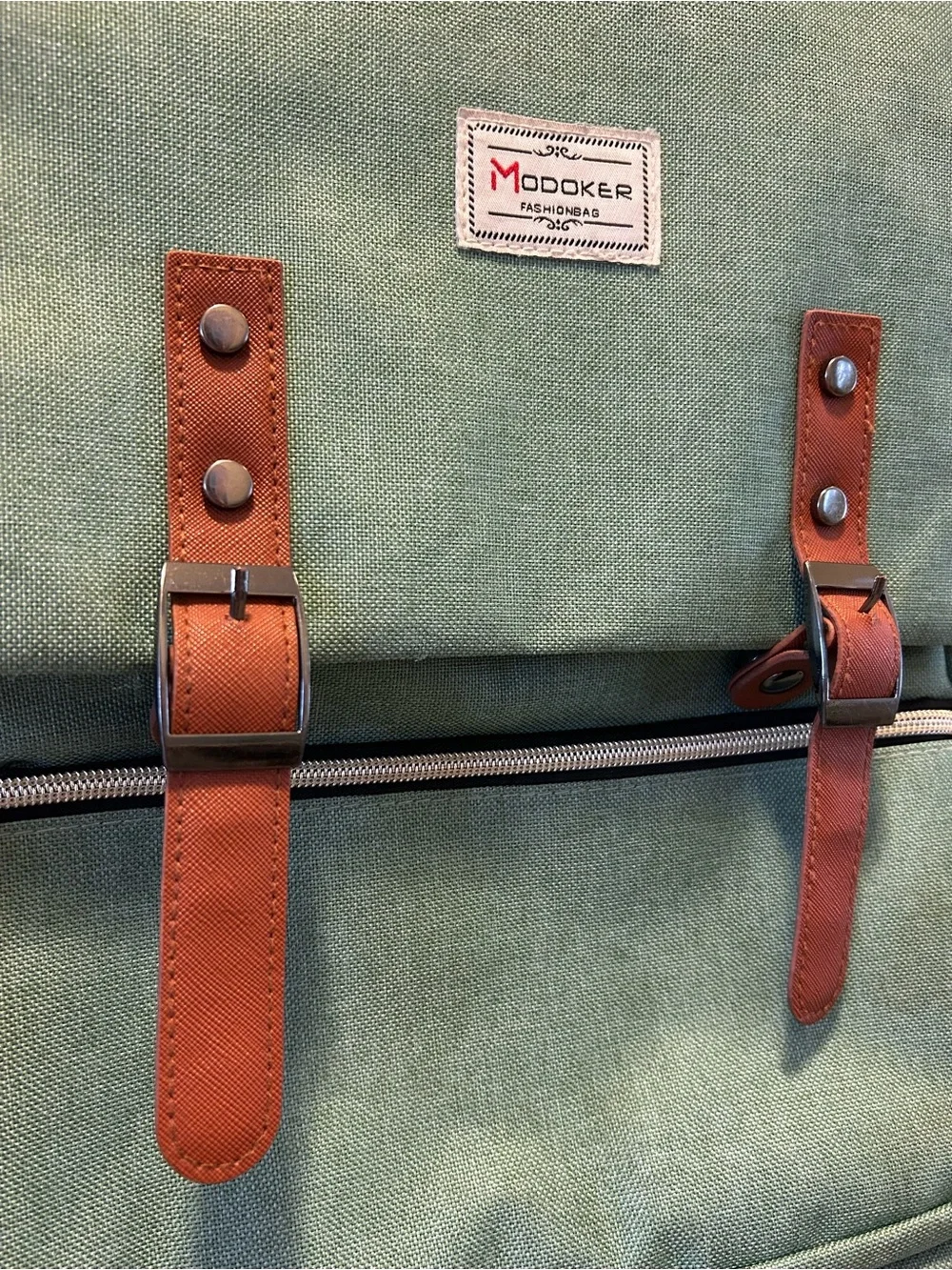 Modoker Sage Green Canvas Backpack with Brown Trim